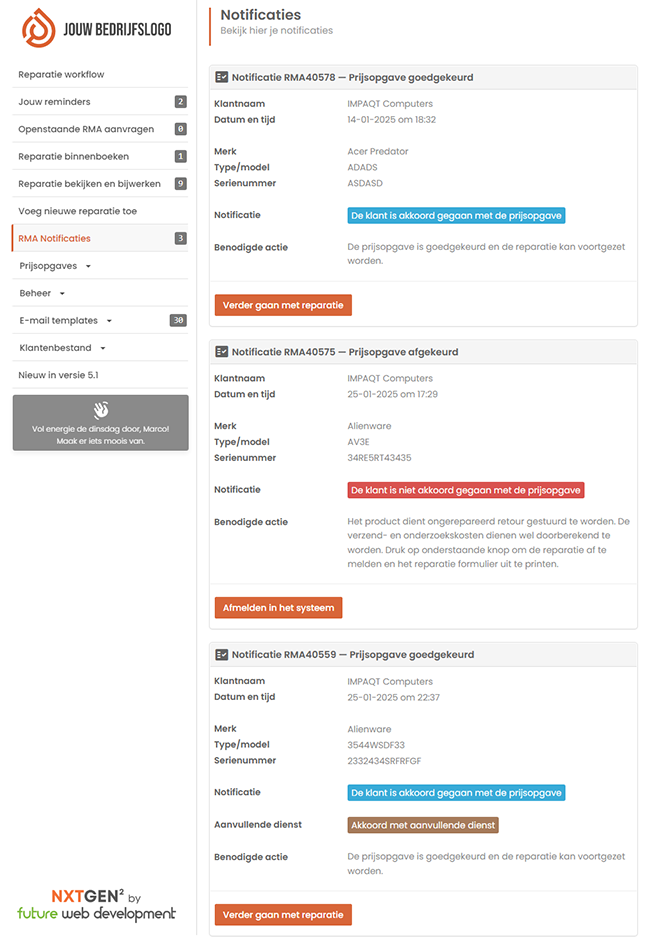 Dashboard - Notificaties
