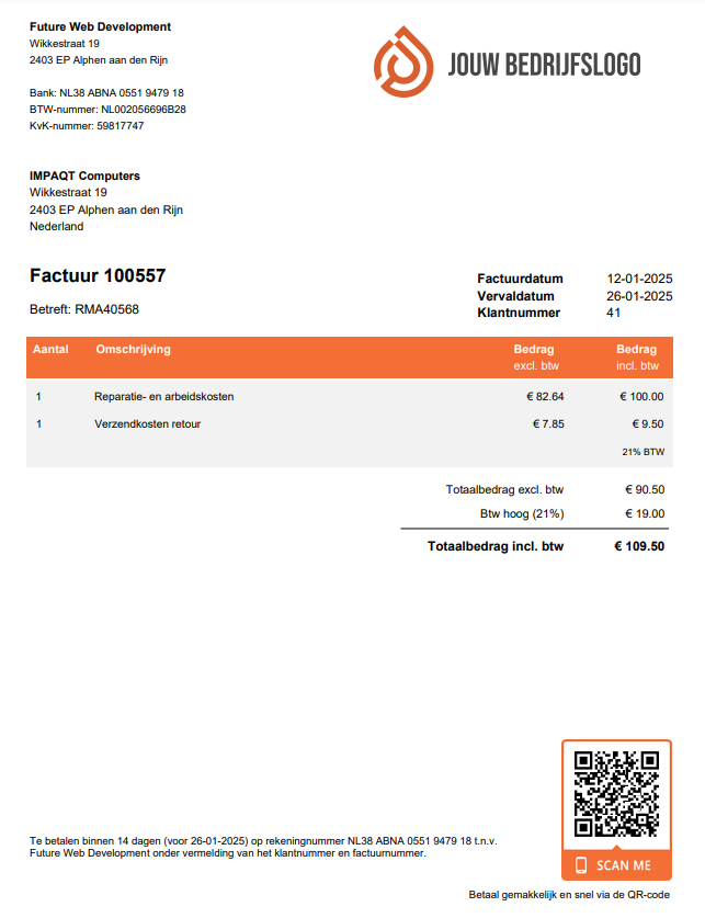 Dashboard - Voorbeeld factuur
